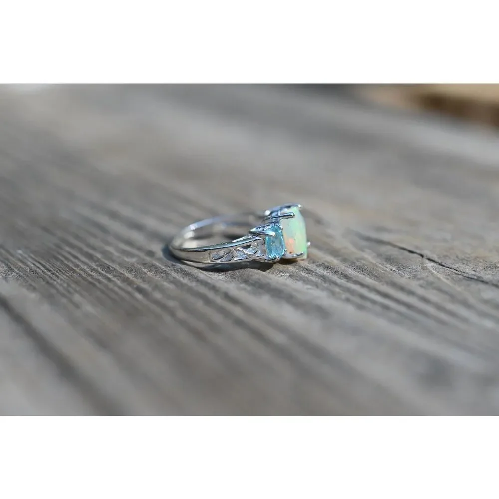 Ethiopian Opal and Apatite Ring Sterling Silver Oval Opal Engagement Ring